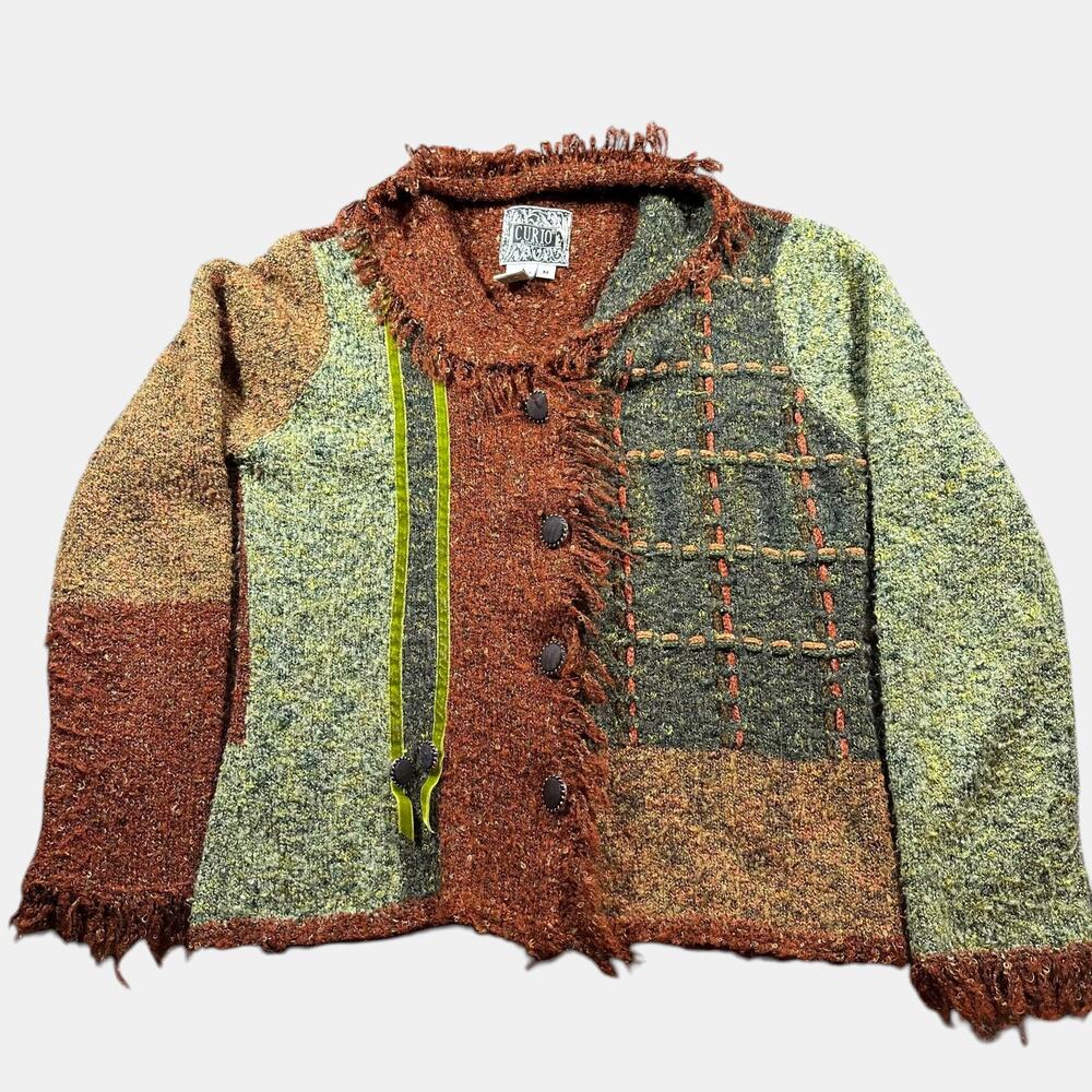 Curio Patchwork Knit Cardigan Sweater Women’s Medium Boho Textured Fringe